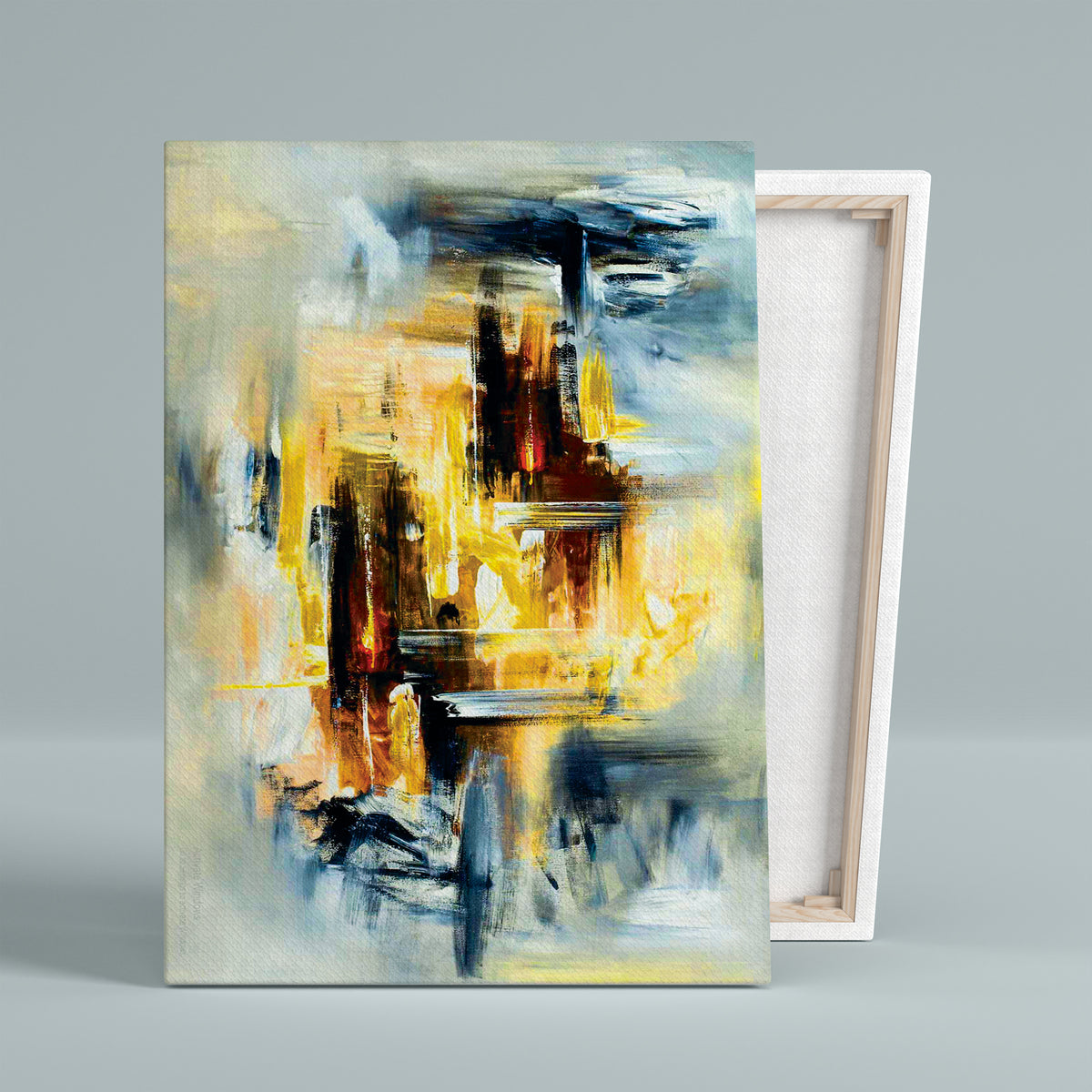 Golden Horizon abstract canvas wall art featuring expressive golden yellow, black and blue-grey brushstrokes in a modern painting style