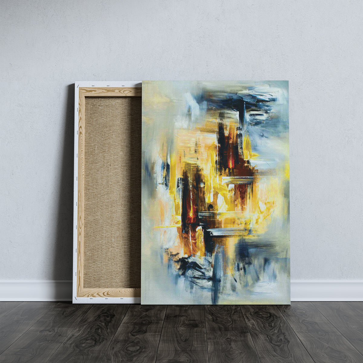 Close-up of Golden Horizon abstract artwork with layered black and golden brushstroke effects