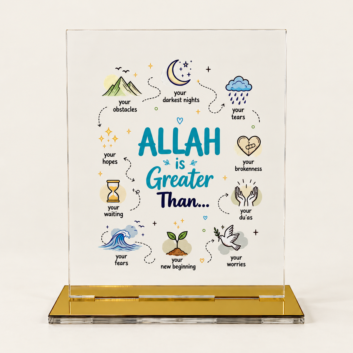 Allah Is Greater Than Islamic acrylic plaque with colorful artwork and golden stand