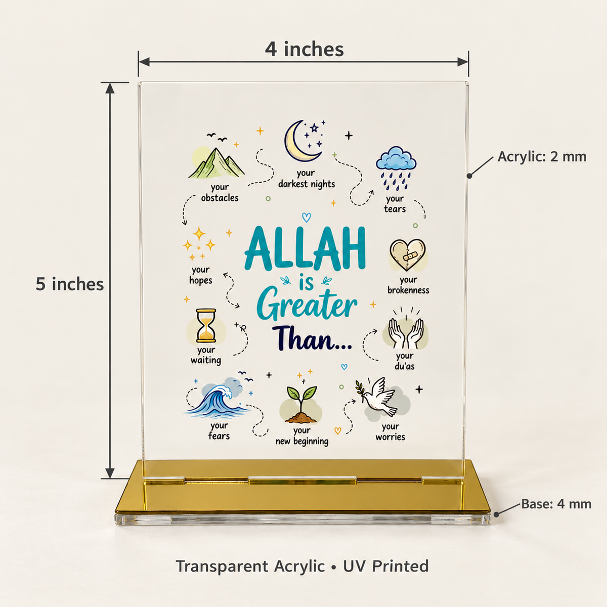 Gold-tone display base of Allah Is Greater Than Islamic acrylic plaque